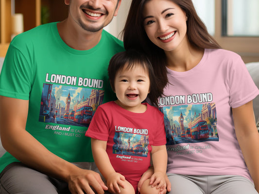 London Bound England is Calling Travel Day T-Shirt for Men, Women, Kids & Babies. Family Matching Set, Family Traveling Day T-shirt, UK Trip
